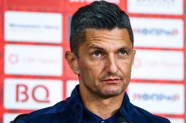 MOSCOW, RUSSIA - AUGUST 13, 2018: FC PAOK Thessaloniki s Razvan Lucescu looks on during a press conference PK Pressekonferenz ahead of a UEFA Champions League qualifying round match against FC Spartak Moscow scheduled for August 14, 2018. Anton Novoderezhkin TASS  TS08CA52