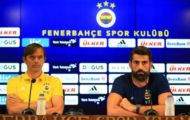Fenerbahce s Football Team Coach Phillip Cocu and Goalkeeper Volkan Demirel gives a press conference PK Pressekonferenz on the eve of the team s a day before their UEFA Champions League qualification second leg match against Benfica on August 13 , 2018 in Istanbul , Turkey. 