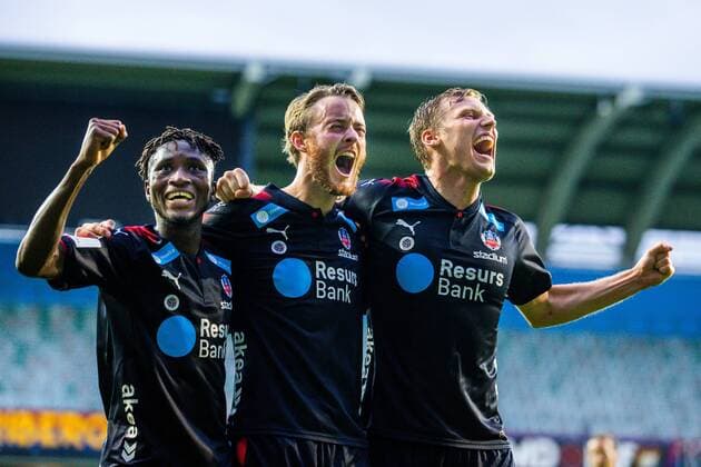 180814 Mamudu Moro och Andri Runar Bjarnason jublar med Rasmus Jönsson efter 1-4 during the UEFA Champions League qualifying match between Vidi and Malmö FF on August 14, 2018 in Felcsut. Photo: Ludvig Thunman BILDBYRN kod LT 35516 Copyright: LUDVIGxTHUNMAN BB180814LT041