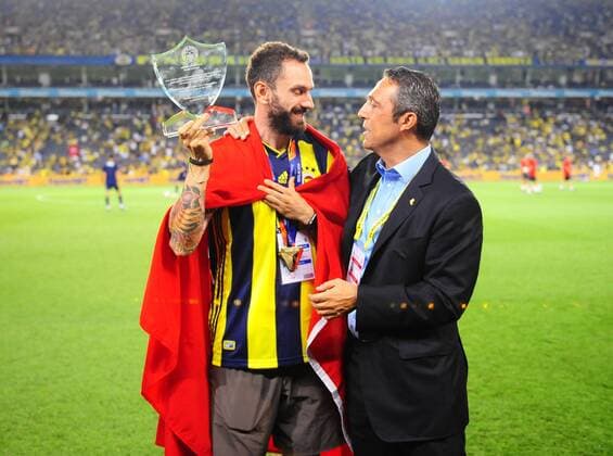 UEFA Champions League qualifying second leg match between Fenerbahce and Benfica at Ulker Arena in Istanbul , Turkey on August 14 , 2018. Pictured: Sprinter athlete Ramil Guliyev and President Ali Koc 