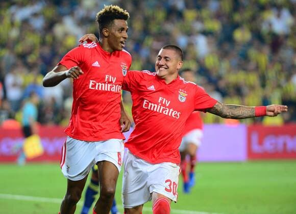 Gedson Fernandes(L) and Nicolas Castillo (R) of Benfica during the UEFA Champions League qualifying second leg match between Fenerbahce and Benfica at Ulker Arena in Istanbul , Turkey on August 14 , 2018. 