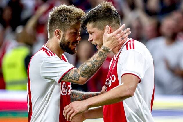 AMSTERDAM, 14-08-2018 , Johan Cruyff-Arena , football season 2018 2019, UEFA Champions League third qualifying round, 2nd leg , Ajax player Klaas Jan Huntelaar (R) celebrating the 1-0 with Ajax player Lasse Schone (L) during the game Ajax - Standard Luik Ajax - Standard Luik  x2399165x