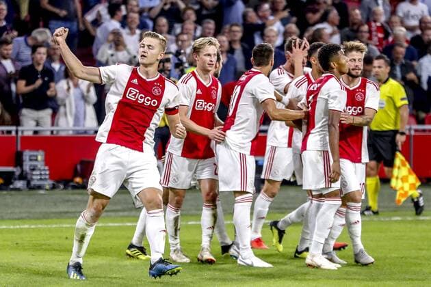 AMSTERDAM, 14-08-2018 , Johan Cruyff-Arena , football season 2018 2019, UEFA Champions League third qualifying round, 2nd leg , Ajax player Matthijs de Ligt (L) celebrating the 2-0 during the game Ajax - Standard Luik . Ajax - Standard Luik  x2399168x