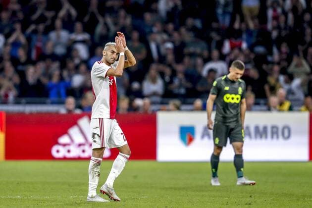AMSTERDAM, 14-08-2018 , Johan Cruyff-Arena , football season 2018 2019, UEFA Champions League third qualifying round, 2nd leg , Ajax player Hakim Zyech being substituted during the game Ajax - Standard Luik . Ajax - Standard Luik  x2399220x