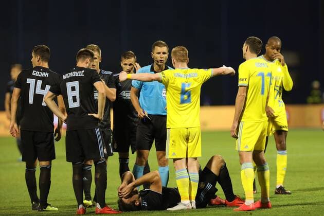 Zagreb, 14.8.2018. - Stadium Maksimir, UEFA Champions League 2018 2019. Third Qualifying Round. GNK Dinamo (dark-blue) - FC Astana (yellow) 1:0 Referee Gediminas Mazeika (LTU) and Laszlo Kleinheisler (6) 