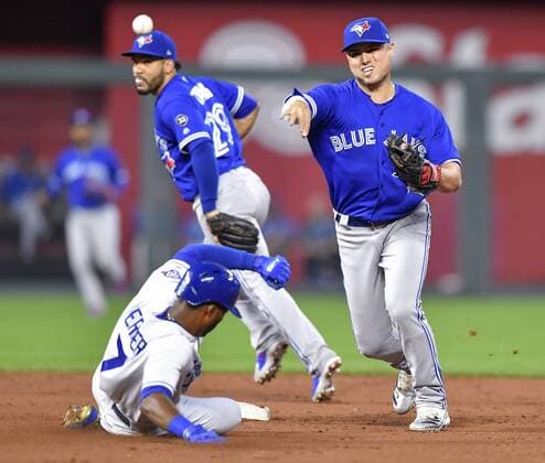 August 14, 2018 - Kansas City, MO, USA - Toronto Blue Jays shortstop Aledmys Diaz, right, forces out the Kansas City Royals Rosell Herrera at second and completes the double play on Brett Phillips to end the second inning on Tuesday, Aug. 14, 2018, at Kauffman Stadium in Kansas City, Mo. Toronto at Kansas City - ZUMAm67_ 20180814_zaf_m67_028 Copyright: xJohnxSleezerx