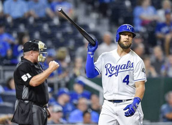 August 14, 2018 - Kansas City, MO, USA - The Kansas City Royals Alex Gordon flips his bat after striking out in the seventh inning against the Toronto Blue Jays on Tuesday, Aug. 14, 2018, at Kauffman Stadium in Kansas City, Mo. The Blue Jays won, 6-5. Toronto at Kansas City - ZUMAm67_ 20180814_zaf_m67_064 Copyright: xJohnxSleezerx
