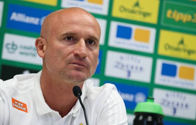 SOCCER - EL, Rapid vs Bratislava VIENNA,AUSTRIA, 15.AUG.18 - SOCCER - UEFA Europa League, SK Rapid Wien vs Slovan Bratislava, preview, press conference PK Pressekonferenz Rapid. Image shows head coach Goran Djuricin (Rapid). Keywords: Wien Energie. GEPAxpictures xPhilippxBrem
