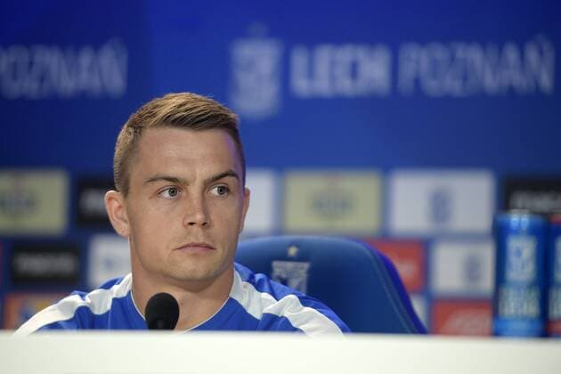 Poznan s Maciej Gajos pictured during the press conference PK Pressekonferenz of Poland club Lech Poznan, Wednesday 15 August 2018 in Poznan, Poland, ahead of the return leg of the third qualification game of Belgian first division soccer team KRC Genk in the Europa League competition, tomorrow. YORICKxJANSENS  x05406643x
