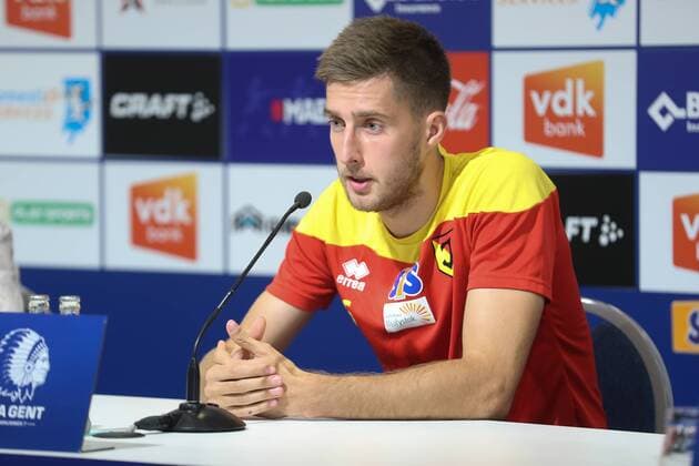 Jagiellonia s Taras Romanchuk pictured during a press conference PK Pressekonferenz of Poland club Jagiellonia Bialystok, Wednesday 15 August 2018 in Gent, ahead of the return leg of the third qualification game of Jagiellonia Bialystok in the Europa League competition, against Belgian first division soccer team KAA Gent, Tomorrow. BRUNOxFAHY  x05406652x