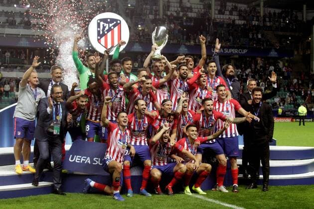 Atletico Madrid s players jubilate the victory after the Europe s Supercup match between Real Madrid and Atletico Madrid, at the Lillekula stadium, in Tallinn, Estonia, 15 August 2018. Real Madrid vs. Atletico Madrid !ACHTUNG: NUR REDAKTIONELLE NUTZUNG!  Copyright: xValdaxKalninax TAL09 20180816-636699775969831604