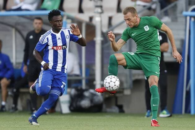 Evans Mensah 77, HJK Helsinki, FIN and Marko Putincanin 70, Olimpija Ljubljana, SVN during their UEFA Champions League 3QR match HJK Helsinki - Olimpija Ljubljana in Telia 5G Arena 16. August 2018 in Helsinki, Finland.  Copyright: xKallexParkkinenx NP24_00328954