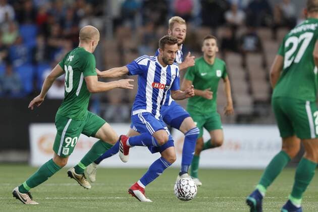 Tomislav Tomic 90, Olimpija Ljubljana, SVN and Jordan Domínguez Rajo 31, HJK Helsinki, FIN during their UEFA Champions League 3QR match HJK Helsinki - Olimpija Ljubljana in Telia 5G Arena 16. August 2018 in Helsinki, Finland.  Copyright: xKallexParkkinenx NP24_00328978
