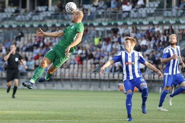 Rok Kronaveter 7, Olimpija Ljubljana, SVN and Riku Riski 9, HJK Helsinki, FIN 3QR match HJK Helsinki - Olimpija Ljubljana in Telia 5G Arena 16. August 2018 in Helsinki, Finland.  Copyright: xKallexParkkinenx NP24_00328995