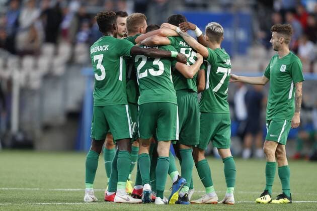 Olimpija Ljubljana, SVN team celebrates their 2nd goal (0-2) during their UEFA Champions League 3QR match HJK Helsinki - Olimpija Ljubljana in Telia 5G Arena 16. August 2018 in Helsinki, Finland.  Copyright: xKallexParkkinenx NP24_00329047
