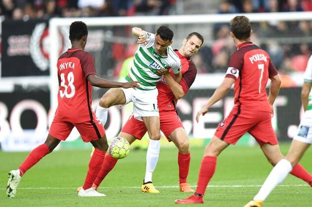 FCM s Jakob Poulsen (7) th. UEFA Europa League FC Midtjylland - The New Saints - MCH Arena Herning - Torsdag den 16 august 2018. , Herning Denmark  Copyright: ClausxFiskerx cop105 spdk20180816-190512-L