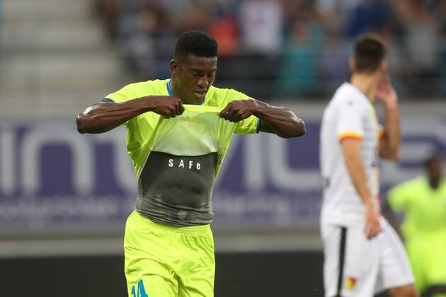 Gent s Taiwo Awoniyi celebrates after scoring during a soccer game between Belgian club KAA Gent and Polish team Jagiellonia Bialystok, Thursday 16 August 2018 in Gent, the return leg of the third qualification round for the Europa League competition. BRUNOxFAHY  x05407083x