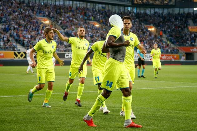 Gent s Taiwo Awoniyi celebrates after scoring during a soccer game between Belgian club KAA Gent and Polish team Jagiellonia Bialystok, Thursday 16 August 2018 in Gent, the return leg of the third qualification round for the Europa League competition. BRUNOxFAHY  x05407092x