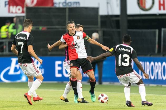 (L-R) Hamza Catakovic of AS Trencin, James Lawrence of AS Trencin, Robin van Persie of Feyenoord, Philip Azango of AS Trencin during the UEFA Europa League third round qualifying second leg match between Feyenoord Rotterdam and AS Trencin at De Kuip on August 16, 2018 in Rotterdam, The Netherlands UEFA Europa League 2018 2019 xVIxVIxImagesx xGerritxvanxKeulenxIVx 11791666