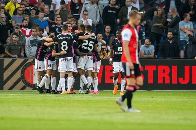 Sport Bilder des Tages ROTTERDAM , 16-08-2018 , Stadium De Kuip , Football , Season 2018 2019 , Europa League , Third qualifying round , Feyenoord - Trencin , Players of Trencin celebrate the goal of Trencin player Antonio Mance Feyenoord - Trencin  x2401091x