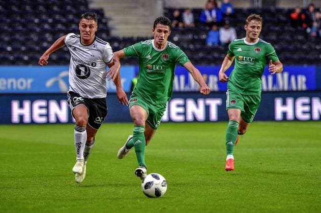 UEFA Europa League Third Qualifying Round Second Leg, Lerkendal Stadion, Trondheim, Norway 16 8 2018 Rosenborg vs Cork City Rosenborg s Jonathan Levi with Shane Griffin of Cork Jonathan Levi with Shane Griffin 16 8 2018  Copyright: x©INPHO OlexMartinxWoldx td16146e