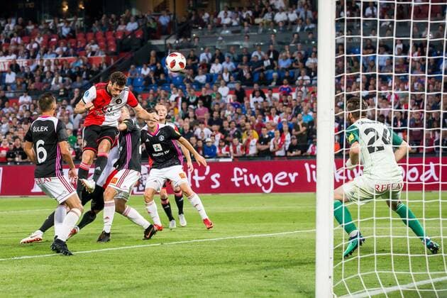 ROTTERDAM , 16-08-2018 , Stadium De Kuip , Football , Season 2018 2019 , Europa League , Third qualifying round , Feyenoord - Trencin , Feyenoord player Eric Botteghin (m) with a big change during the the match Feyenoord - Trencin  x2401110x