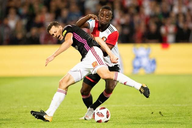 James Lawrence of AS Trencin, Lutsharel Geertruida of Feyenoord during the UEFA Europa League third round qualifying second leg match between Feyenoord Rotterdam and AS Trencin at De Kuip on August 16, 2018 in Rotterdam, The Netherlands UEFA Europa League 2018 2019 xVIxVIxImagesx xTomxBodexMultimediaxIVx 11792150