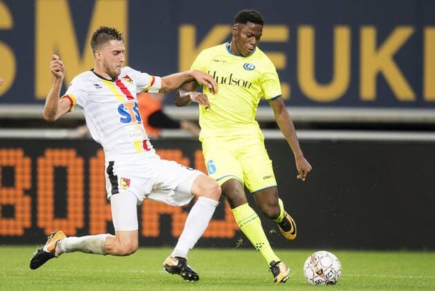 Gent s Jonathan David pictured in action during a soccer game between Belgian club KAA Gent and Polish team Jagiellonia Bialystok, Thursday 16 August 2018 in Gent, the return leg of the third qualification round for the Europa League competition. JASPERxJACOBS  x05407213x
