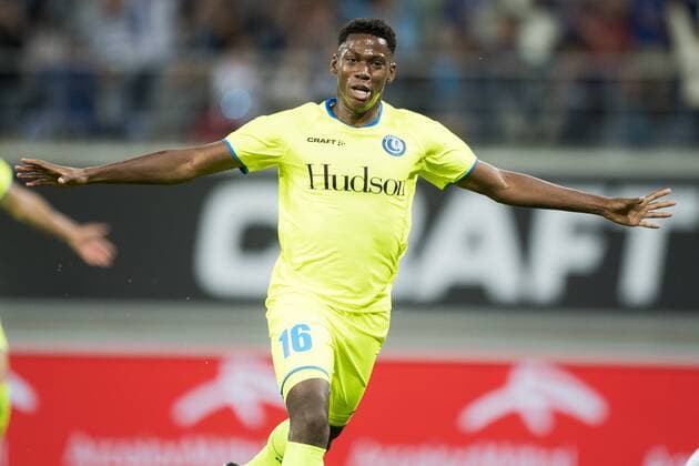 Gent s Jonathan David celebrates after scoring during a soccer game between Belgian club KAA Gent and Polish team Jagiellonia Bialystok, Thursday 16 August 2018 in Gent, the return leg of the third qualification round for the Europa League competition. JASPERxJACOBS  x05407222x
