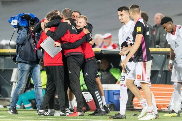 the staff of AC Trencin celebrate during the UEFA Europa League third round qualifying second leg match between Feyenoord Rotterdam and AS Trencin at De Kuip on August 16, 2018 in Rotterdam, The Netherlands UEFA Europa League 2018 2019 xVIxVIxImagesx xGerritxvanxKeulenxIVx 11792252