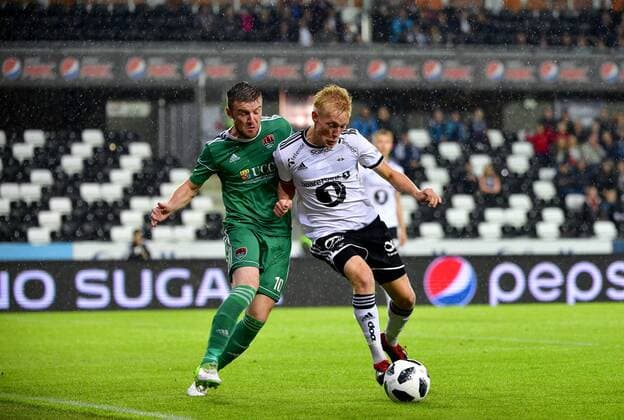 UEFA Europa League Third Qualifying Round Second Leg, Lerkendal Stadion, Trondheim, Norway 16 8 2018 Rosenborg vs Cork City RosenborgÂ s Birger Meling with CorkÂ s Steven Beattie Birger Meling with Steven Beattie 16 8 2018  Copyright: x©INPHO OlexMartinxWoldx td161f0c