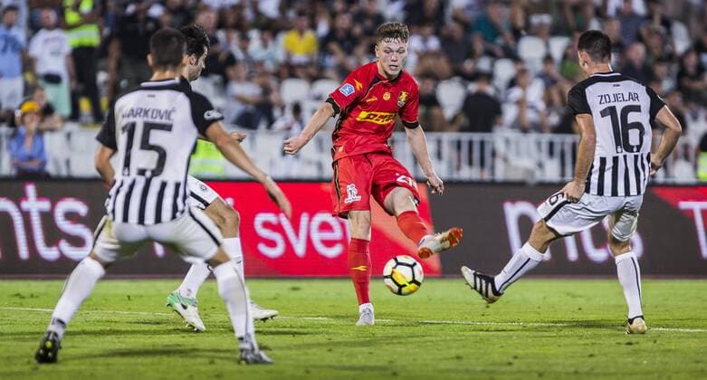 16th August 2018, Partizan Stadium, Belgrade, Serbia; Europa League football, third qualifying round 2nd leg, Partizan versus Nordsjaelland; Andreas Olsen of Nordsjaelland shoots on goal  ActionPlus12055918 NikolaxKrstic