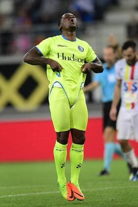 GENT, BELGIUM - AUGUST 16 : Stallone Limbombe forward of KAA Gent looks dejected after missing an opportunity during the UEFA Europa League, Third qualifying round , 2nd leg match between KAA Gent and Jagiellonia Bialystok at the Ghelamco Arena on August 16, 2018 in Gent, Belgium, 16 08 2018 FOOTBALL : KAA Gent vs Jagiellonia Bialystok - Ligue Europa Tour de Qualification - 16 08 2018 Photonews Panoramic 