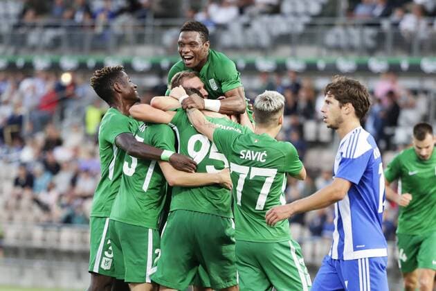 Olimpja Ljubljana celebrate 0-2 goal, right Sebastian Dahlstr?m of HJK during UEFA Europa League Third Qualifying Round second match HJK Helsinki vs Olimpja Ljubljana at Telia 5G Stadium in Helsinki Finland on 16th August 2018. Matti Raivio All Over Press XXKEIKKAXX  MR021186