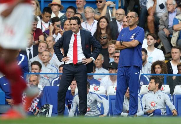 Unai Emery (Arsenal manager) and Maurizio Sarri (Chelsea manager) at the Chelsea v Arsenal English Premier League game, at Stamford Bridge, London, on August 18, 2018. **THIS PICTURE IS FOR EDITORIAL USE ONLY** 