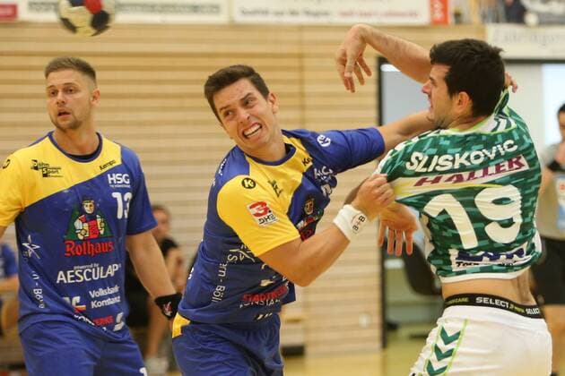 Fabian Wiederstein (HSG Konstanz), Tim Jud (HSG Konstanz), Ivan Sliskovic (FA Goeppingen) DHB Pokal, Erstrundenturnier, Frisch Auf Goeppingen - HSG Konstanz, Germany, Weilheim, Lindachsporthalle, 20180818 DHB Pokal, Erstrundenturnier, Frisch Auf Goeppingen - HSG Konstanz Weilheim Copyright: xBW-Fotox Eibner-Pressefotox EP_bwf