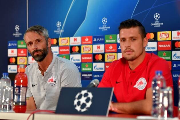 SOCCER - CL quali, Belgrade vs RBS BELGRADE,SERBIA,20.AUG.18 - SOCCER - UEFA Champions League qualification play-off, FC Red Star Belgrade vs Red Bull Salzburg, preview, press conference PK Pressekonferenz of RBS. Image shows head coach Marco Rose and Zlatko Junuzovic (RBS). GEPAxpictures xFlorianxErtl
