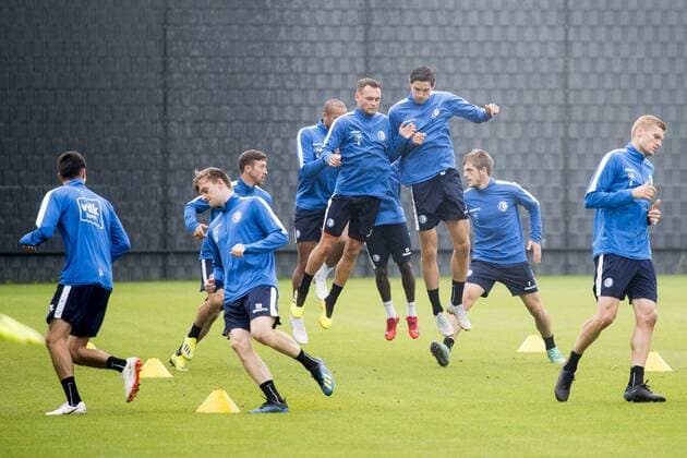 Gent s Birger Verstraete and Gent s Roman Yaremchuk pictured in action during a training session of Belgian club KAA Gent ahead of their match against Bordeaux, Wednesday 22 August 2018 in Gent. The team is preparing for the first leg of their play off match against Girondins de Bordeaux for the Europa League competition. JASPERxJACOBS  x05410289x
