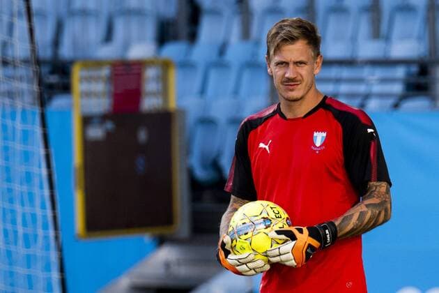 180822 Goalkeeper Johan Dahlin of Malmö FF during a practice and press conference PK Pressekonferenz ahead of the UEFA Europa League qualifying match between Malmö FF and Midtjylland on August 22, 2018 in Malmö. Photo: Ludvig Thunman BILDBYRN kod LT 35524 Copyright: LUDVIGxTHUNMAN BB180822LT030