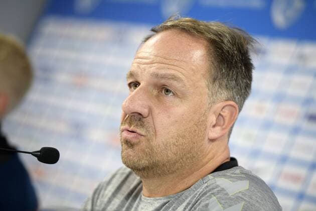 Fußball, EL Quali, Bröndby IF Pressekonferenz Brondby s head coach Alexander Zorniger pictured during the press conference PK Pressekonferenz of Danish Brondby IF, Wednesday 22 August 2018 in Genk, ahead of the first leg of their play off game against Belgian first division soccer team KRC Genk in the Europa League competition. YORICKxJANSENS  x05410868x