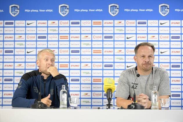 Fußball, EL Quali, Bröndby IF Pressekonferenz Brondby s Johan Larsson and Brondby s head coach Alexander Zorniger pictured during the press conference PK Pressekonferenz of Danish Brondby IF, Wednesday 22 August 2018 in Genk, ahead of the first leg of their play off game against Belgian first division soccer team KRC Genk in the Europa League competition. YORICKxJANSENS  x05410871x