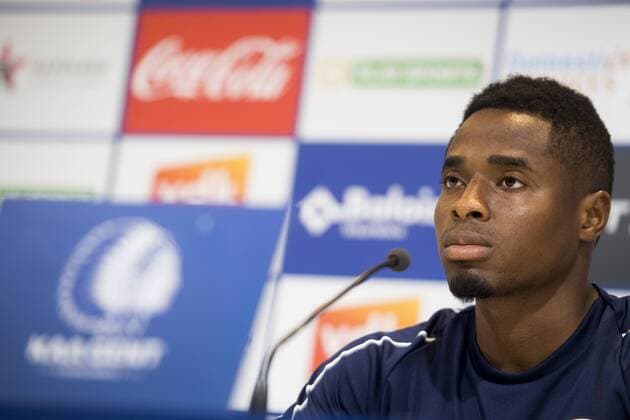 Fußball, EL Quali, Girondins de Bordeaux Pressekonferenz Bordeaux s Francois Kamano talks to the press during a press conference PK Pressekonferenz of Girondins de Bordeaux ahead of their match against Belgian club KAA Gent, Wednesday 22 August 2018 in Gent. The team is preparing for the first leg of their play off match against Belgian club KAA Gent for the Europa League competition. JASPERxJACOBS  x05410888x