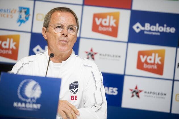Fußball, EL Quali, Girondins de Bordeaux Pressekonferenz Head coach ad interim Eric Bedouet talks to the press during a press conference PK Pressekonferenz of Girondins de Bordeaux ahead of their match against Belgian club KAA Gent, Wednesday 22 August 2018 in Gent. The team is preparing for the first leg of their play off match against Belgian club KAA Gent for the Europa League competition. JASPERxJACOBS  x05410889x