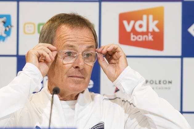 Fußball, EL Quali, Girondins de Bordeaux Pressekonferenz Head coach ad interim Eric Bedouet talks to the press during a press conference PK Pressekonferenz of Girondins de Bordeaux ahead of their match against Belgian club KAA Gent, Wednesday 22 August 2018 in Gent. The team is preparing for the first leg of their play off match against Belgian club KAA Gent for the Europa League competition. JASPERxJACOBS  x05410891x
