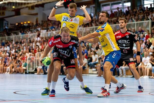 22.08.2018 - Handball -1. Bundesliga DKB HBL - Saison 2018 2019 - Testspiel - Freundschaftsspiel: HC Erlangen HCE - KS Vive Kielce - ThHa - Petter Overby ( 9, HC Erlangen HCE ) Michal Jurecki (5, Vive Kielce ) Uladzislau Kulesh (22, Vive Kielce )