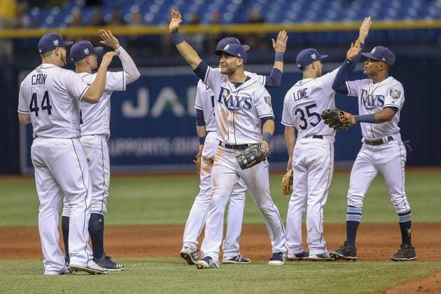August 22, 2018 - St. Petersburg, Florida, U.S. - CHRIS URSO Times.Tampa Bay Rays players celebrate their 6-3 win over the Kansas City Royals Wednesday, Aug. 22, 2018 in St. Petersburg. Florida News - August 22, 2018 - ZUMAs70_ 85079168st Copyright: xChrisxUrsox