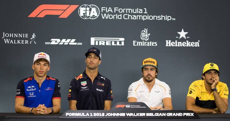 Toro Rosso s French driver Pierre Gasly, Red Bull s Australian driver Daniel Ricciardo, McLaren s Spanish driver Fernando Alonso and Renault s Spanish driver Carlos Sainz pictured during a press conference PK Pressekonferenz part of preparations ahead of the Spa-Francorchamps Formula One Grand Prix of Belgium race, in Spa-Francorchamps, Thursday 23 August 2018. BENOITxDOPPAGNE  x05411531x