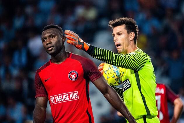 180823 Bubacarr Sanneh and goalkeeper Jesper Hansen of Midtjylland during the UEFA Europa League qualifying match between Malmö FF and Midtjylland on August 23, 2018 in Malmö. Photo: Ludvig Thunman BILDBYRN kod LT 35525 Copyright: LUDVIGxTHUNMAN BB180823LT064