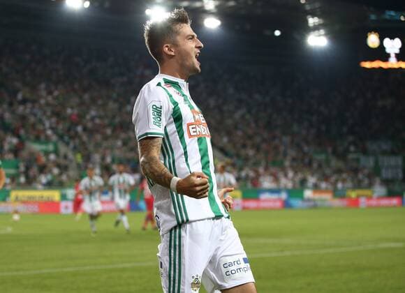 SOCCER - EL, qualification, Rapid vs Steaua VIENNA,AUSTRIA,23.AUG.18 - SOCCER - UEFA Europa League, qualification, play off, SK Rapid Wien vs Steaua Bukarest. Image shows the rejoicing of Christoph Knasmuellner (Rapid). Keywords: Wien Energie. GEPAxpictures xChristianxOrt
