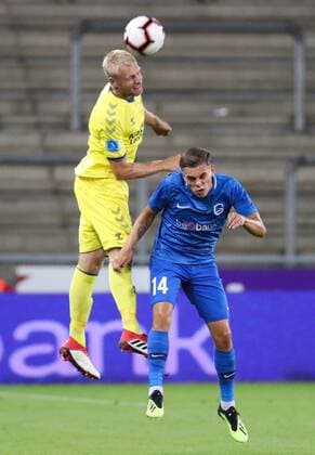 Brondby s Johan Larsson and Genk s Leandro Trossard fight for the ball during a soccer game between Belgian team KRC Genk and Danish club Brondby IF, Thursday 23 August 2018 in Genk, the first leg of the play off for the UEFA Europa League competition. VIRGINIExLEFOUR  x05411628x
